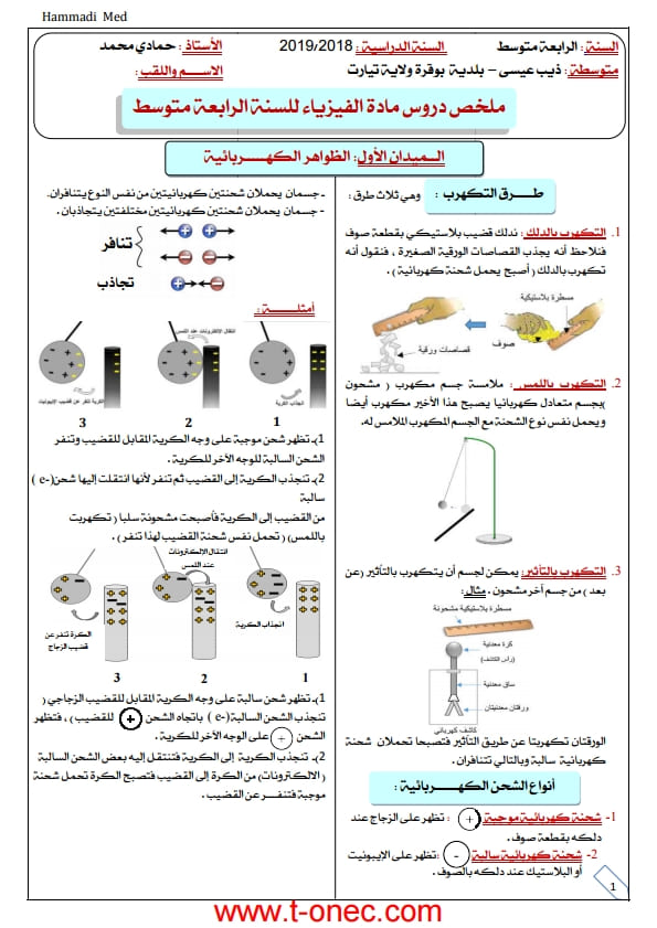 ملخص دروس الفيزياء للسنة الرابعة متوسط الفصل الاول