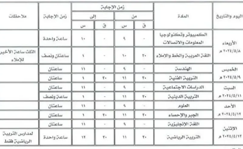 جدول امتحانات الصف الثالث الاعدادي 2024 لجميع الطلاب وفق لوزارة التربية والتعليم